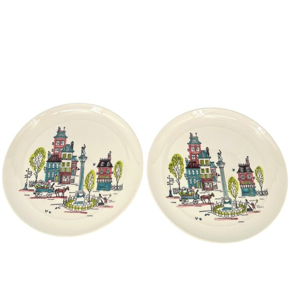 Metlox Poppytrail City Scene Dinner Plates Set Of 2 Vintage California Pottery - Picture 1 of 16